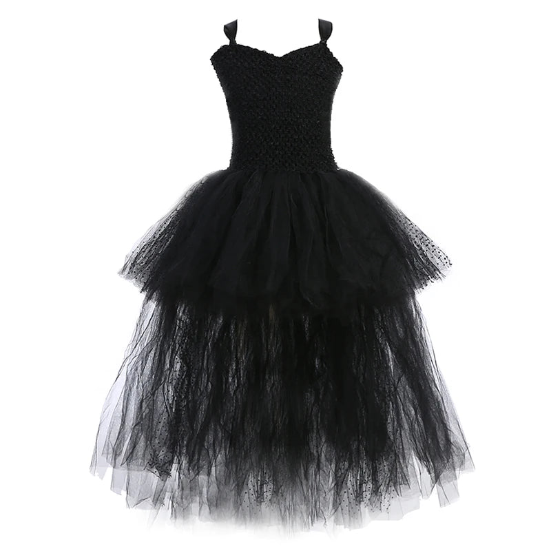 Black Angel Wings Tutu Dress for Girls Devil Halloween Costume for Kids Girl High Low Fancy Dresses Party Children Outfit V-neck