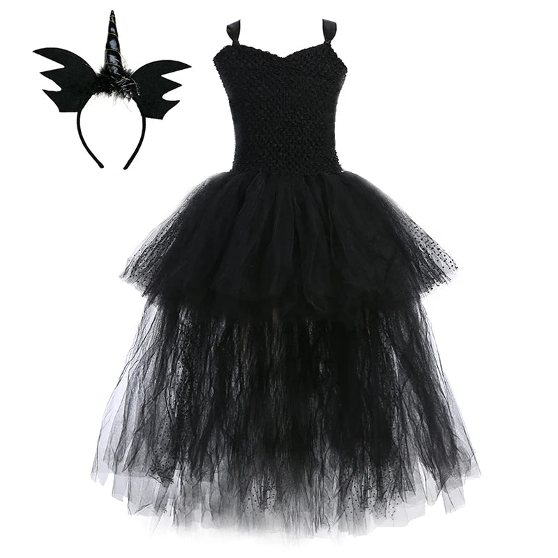 Black Angel Wings Tutu Dress for Girls Devil Halloween Costume for Kids Girl High Low Fancy Dresses Party Children Outfit V-neck