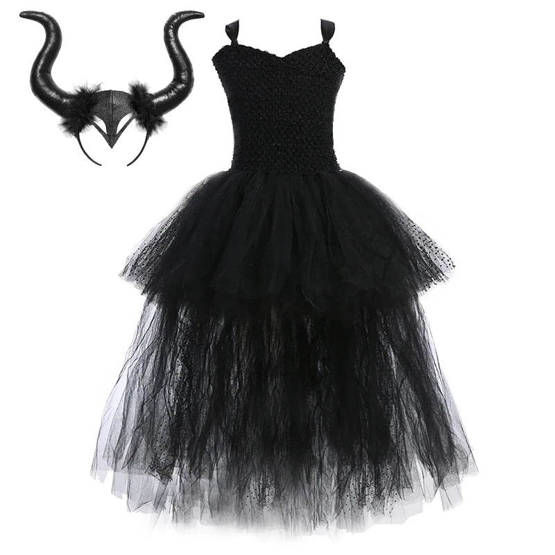 Black Angel Wings Tutu Dress for Girls Devil Halloween Costume for Kids Girl High Low Fancy Dresses Party Children Outfit V-neck