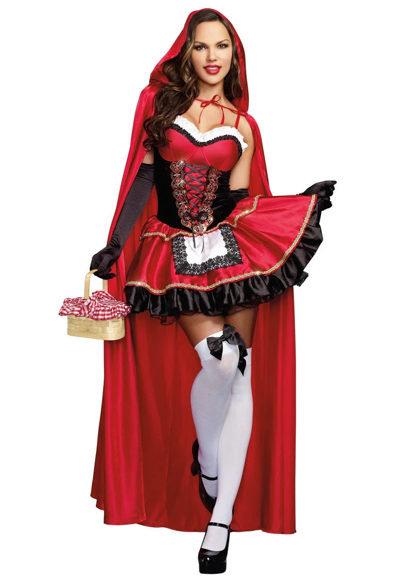 Little Red Riding Hood Outfit Costume Adult Women Halloween Cosplay Fancy Dress Hen Party Dress Cape Set Outfit