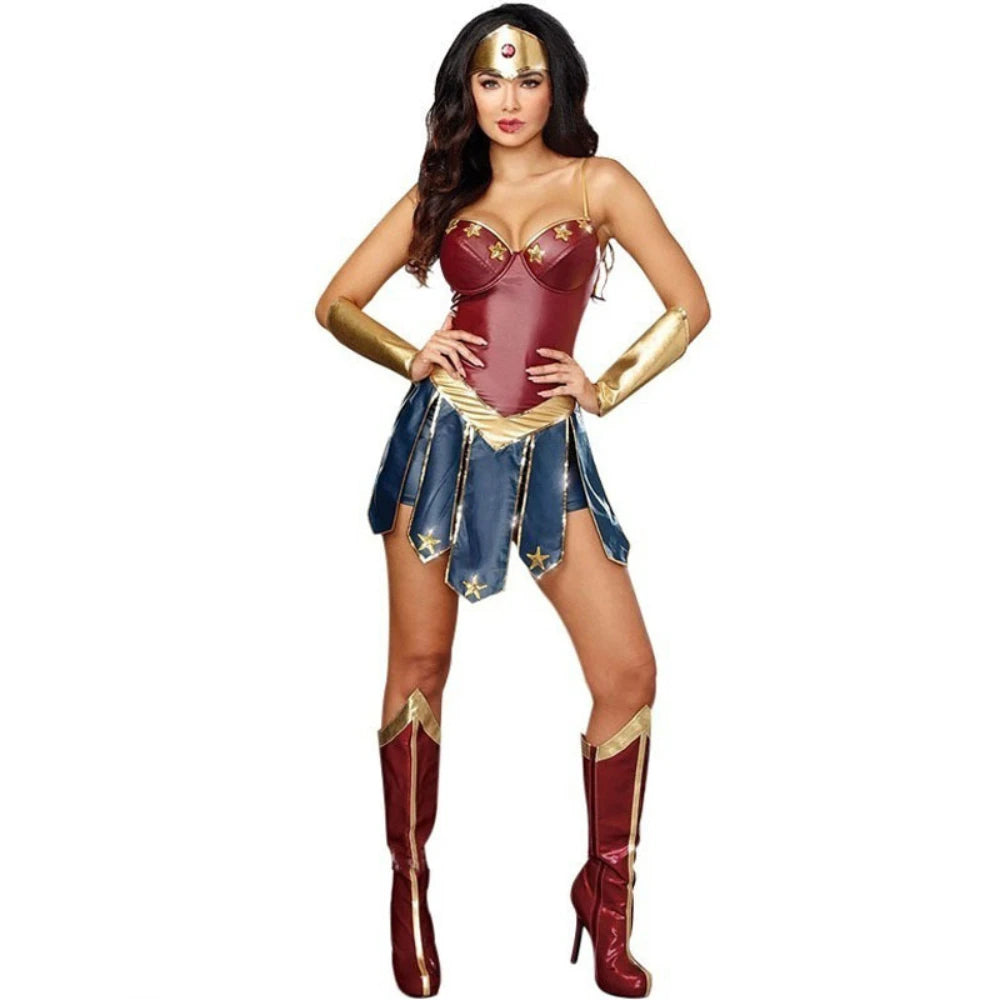 Women Halloween Superhero Cosplay Wonder Costume PU Leather Bodysuit Outfit Superhero Fancy Dress