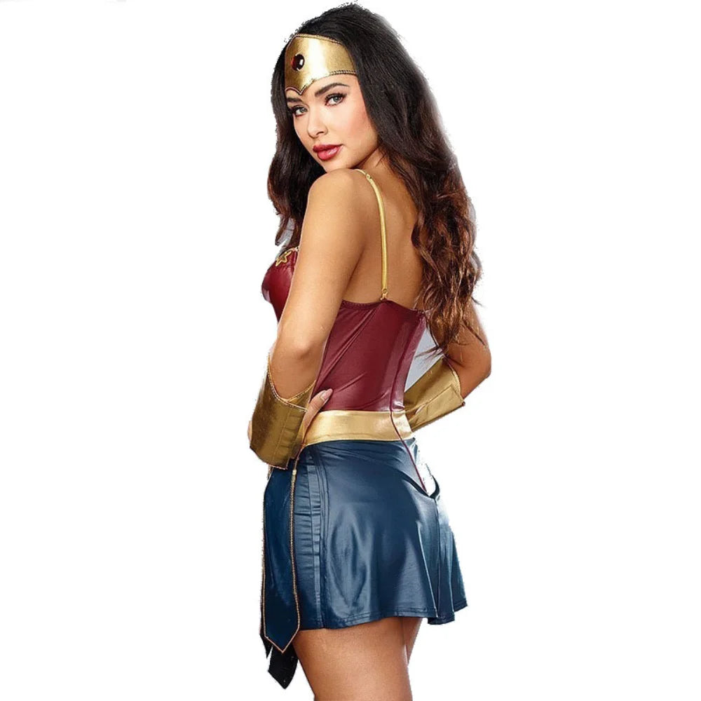 Women Halloween Superhero Cosplay Wonder Costume PU Leather Bodysuit Outfit Superhero Fancy Dress