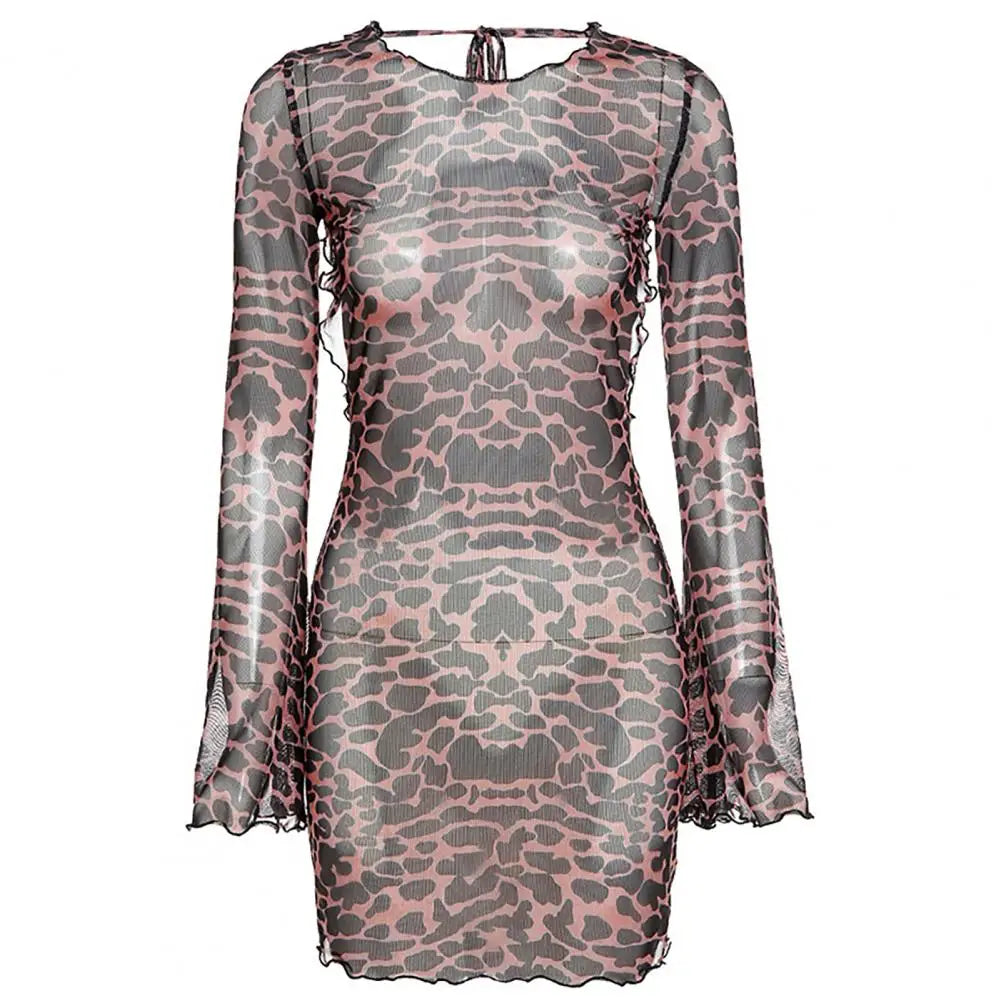 Summer Leopard Pattern Flared Sleeves Backless Dress Women Fashion Clothing