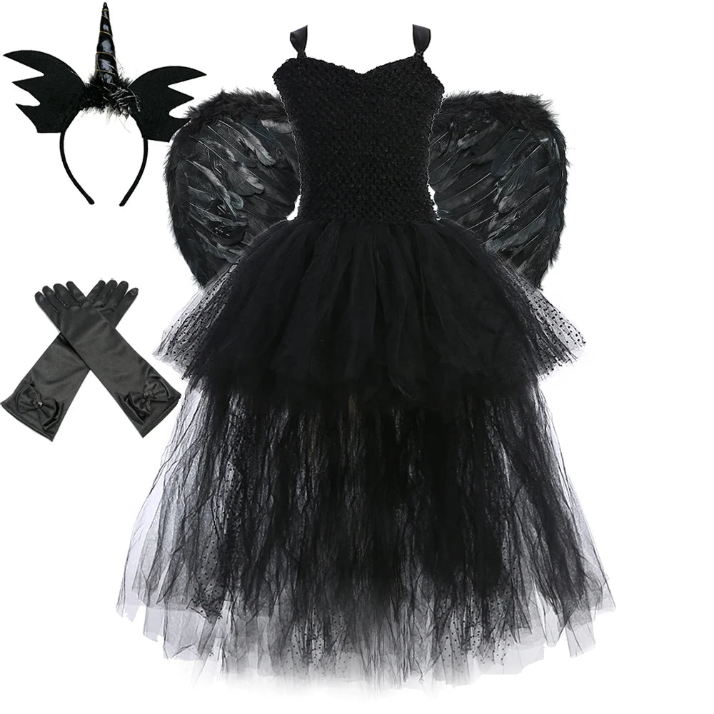 Black Angel Wings Tutu Dress for Girls Devil Halloween Costume for Kids Girl High Low Fancy Dresses Party Children Outfit V-neck