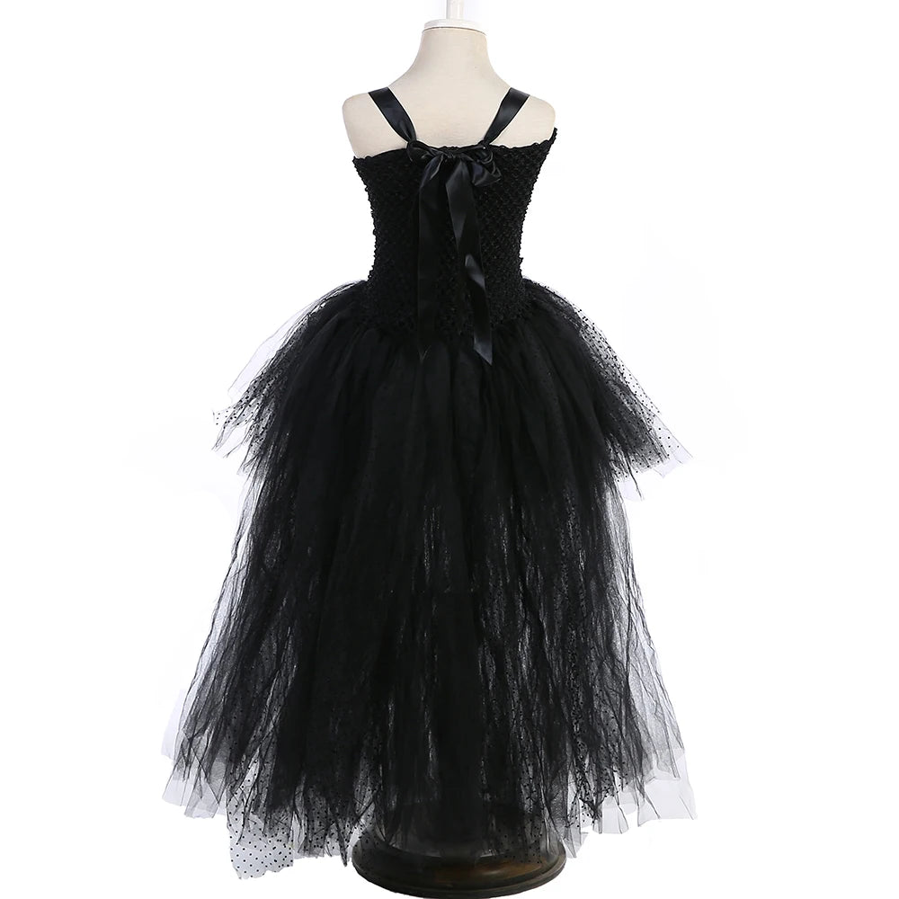 Black Angel Wings Tutu Dress for Girls Devil Halloween Costume for Kids Girl High Low Fancy Dresses Party Children Outfit V-neck