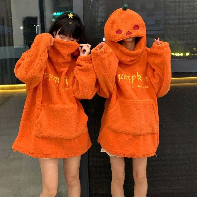 Halloween Party Pumpkin Head Lamb Fleece Hoodie Women Men Unisex Hooded Sweatshirt Embroidery Thicken Streetwear