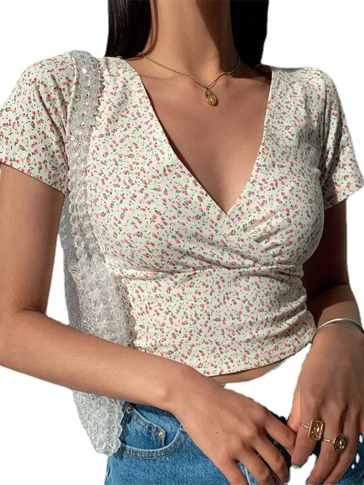 Summer French retro floral V-neck short-sleeved