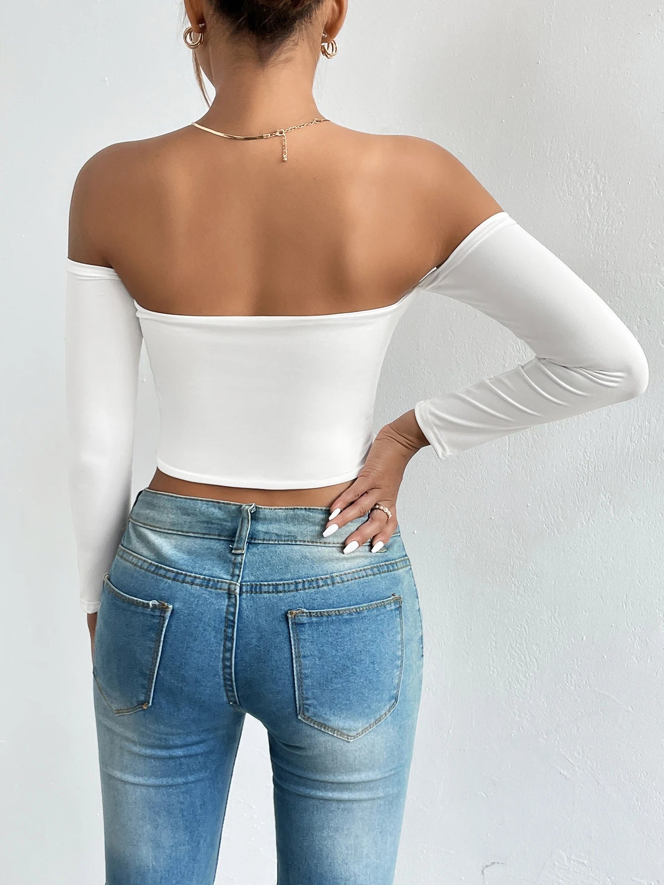 Off Shoulder Crop T-Shirt, Casual Long Sleeve