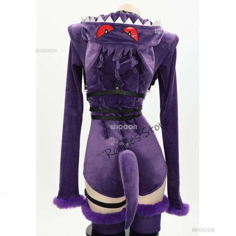 Women Genga Ectoplasma Purple Poison Ghost Cosplay Costume Halloween Sexy Romper Cute Bodysuit Hooded Tail Anime Doujin Suit