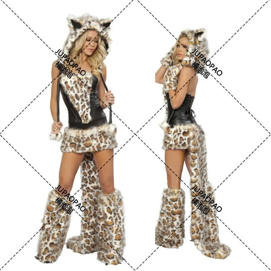 Cosplay Halloween party attire leopard print with big tail wolf game suit cat girl role-playing European and American uniform