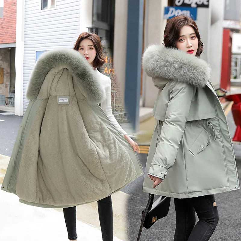 Women Parka Fashion Long Coat Wool Liner Hooded