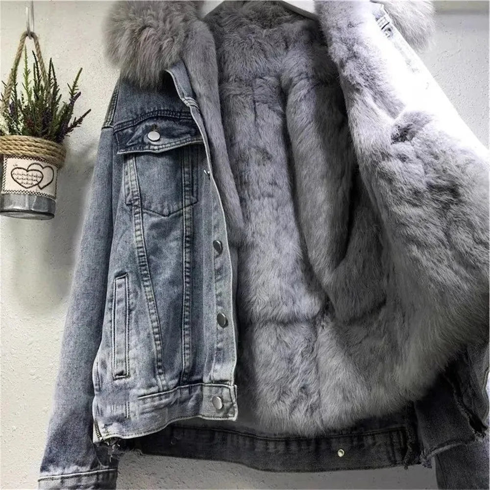 With Fur Snow Wear Oversized Jean Jacket Women