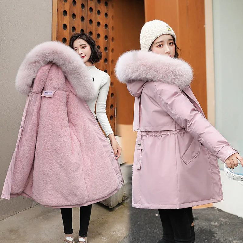 Women Parka Fashion Long Coat Wool Liner Hooded