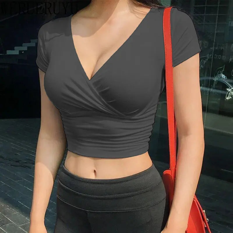 V-neck T-shirt Short Sleeve Y2k Crop Top Women