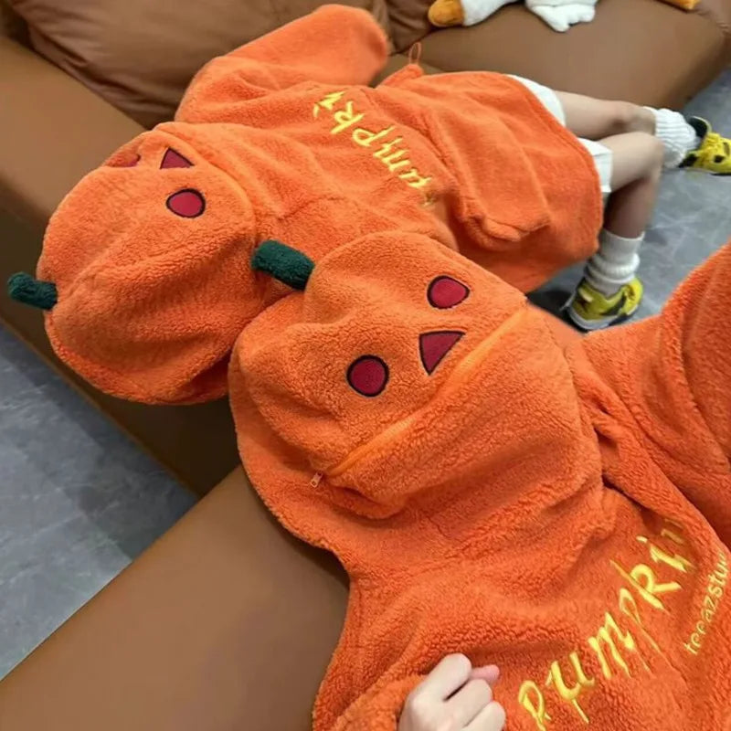 Halloween Party Pumpkin Head Lamb Fleece Hoodie Women Men Unisex Hooded Sweatshirt Embroidery Thicken Streetwear