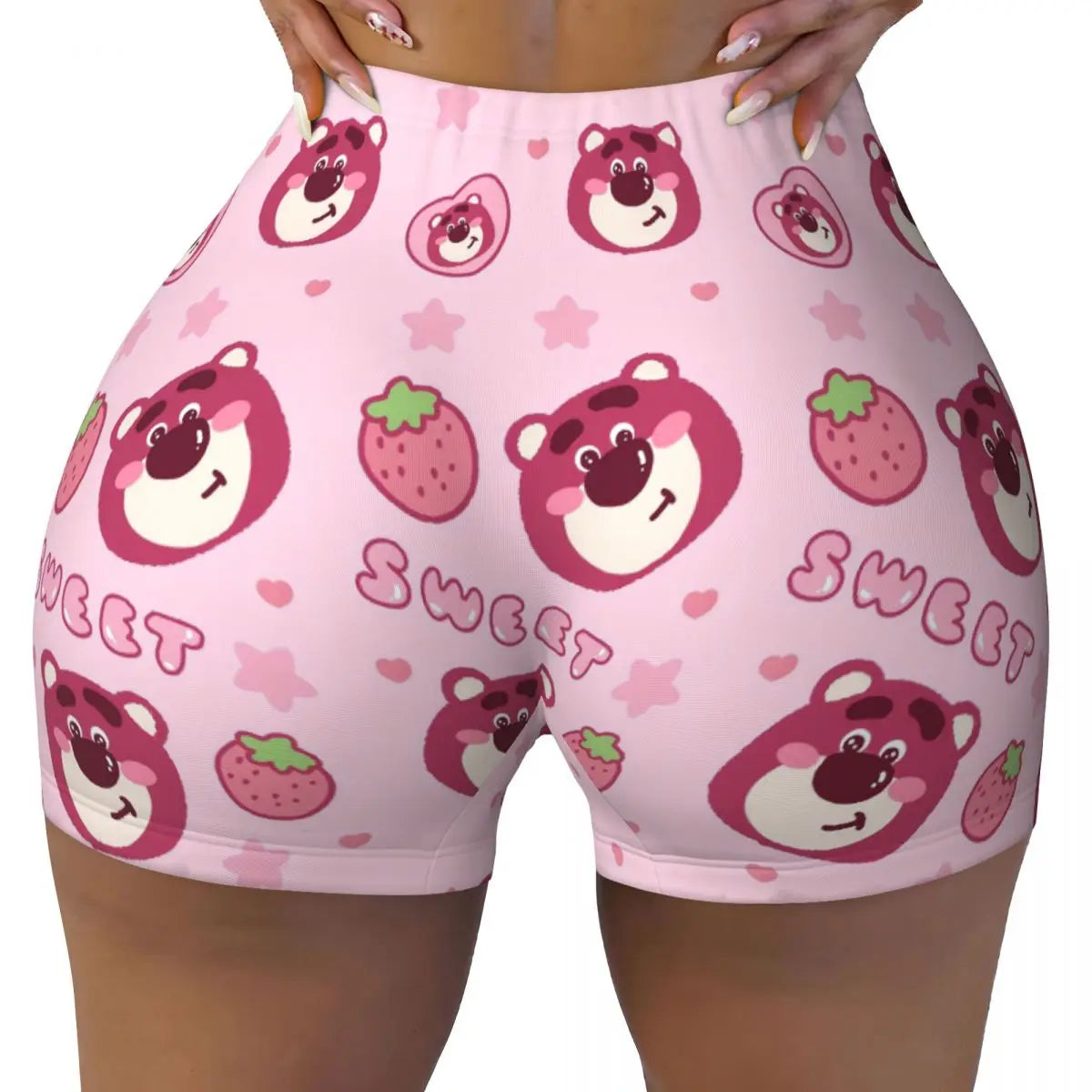 Custom Lotso Huggin-Strawberry Bear Cute Anime Cartoon Workout Shorts Women Gym Volleyball Running Yoga Shorts