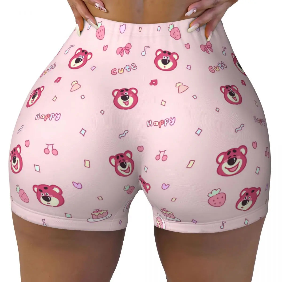 Custom Lotso Huggin-Strawberry Bear Cute Anime Cartoon Workout Shorts Women Gym Volleyball Running Yoga Shorts