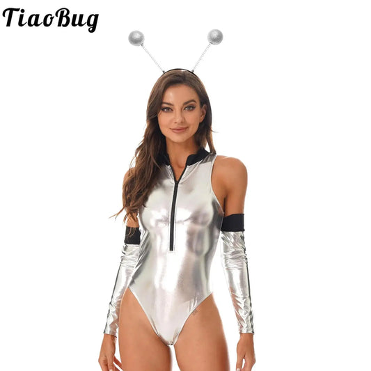 Womens Halloween Space Astronaut Costumes Robot Space Role Play Outfits Metallic Shiny Bodysuit with Alien Hair Hoop Tight Suit