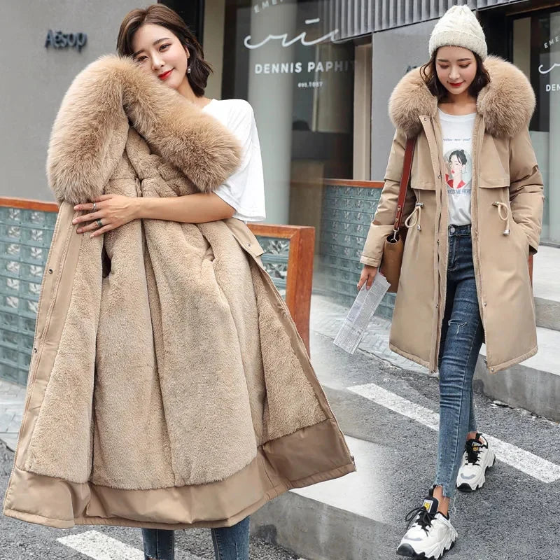 Women Parka Winter Jacket Clothes Loose Long Coat Wool Liner Hooded Jacket Fur Collar Warm Thick Snow Wear Woman Padded Parka