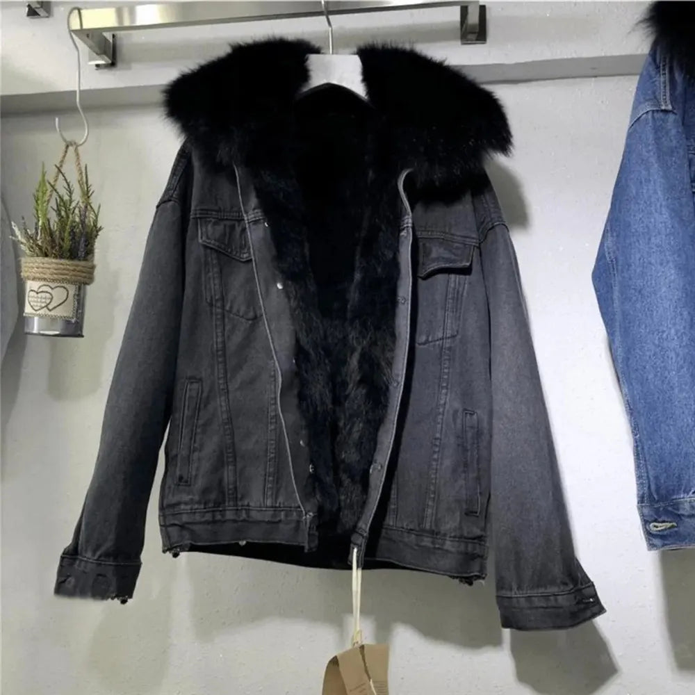 With Fur Snow Wear Oversized Jean Jacket Women