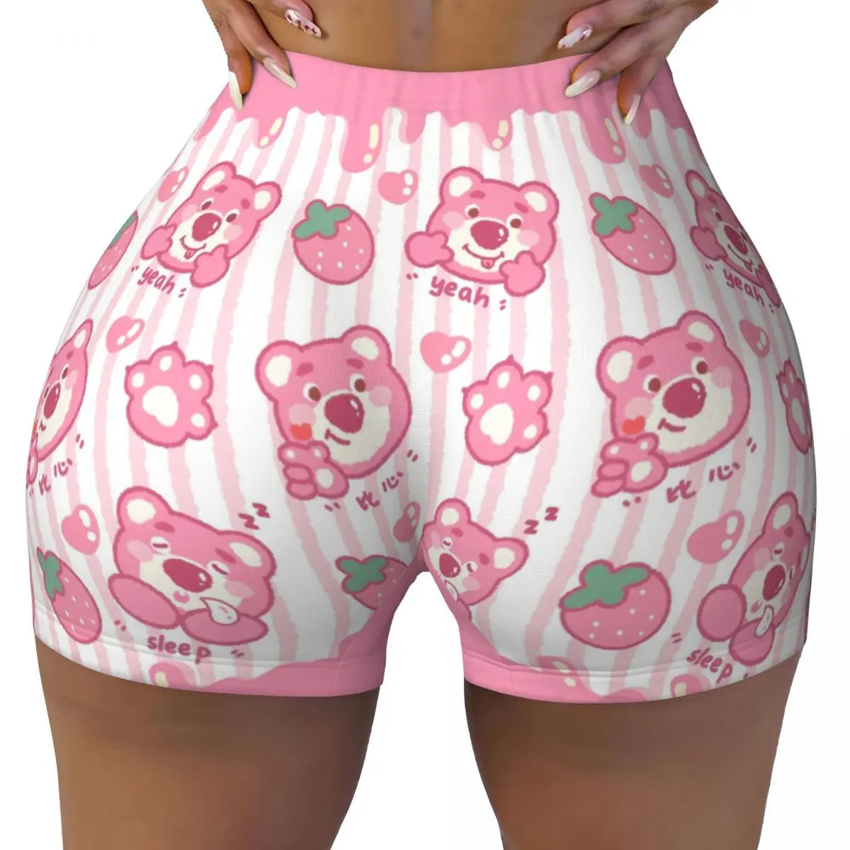 Custom Lotso Huggin-Strawberry Bear Cute Anime Cartoon Workout Shorts Women Gym Volleyball Running Yoga Shorts