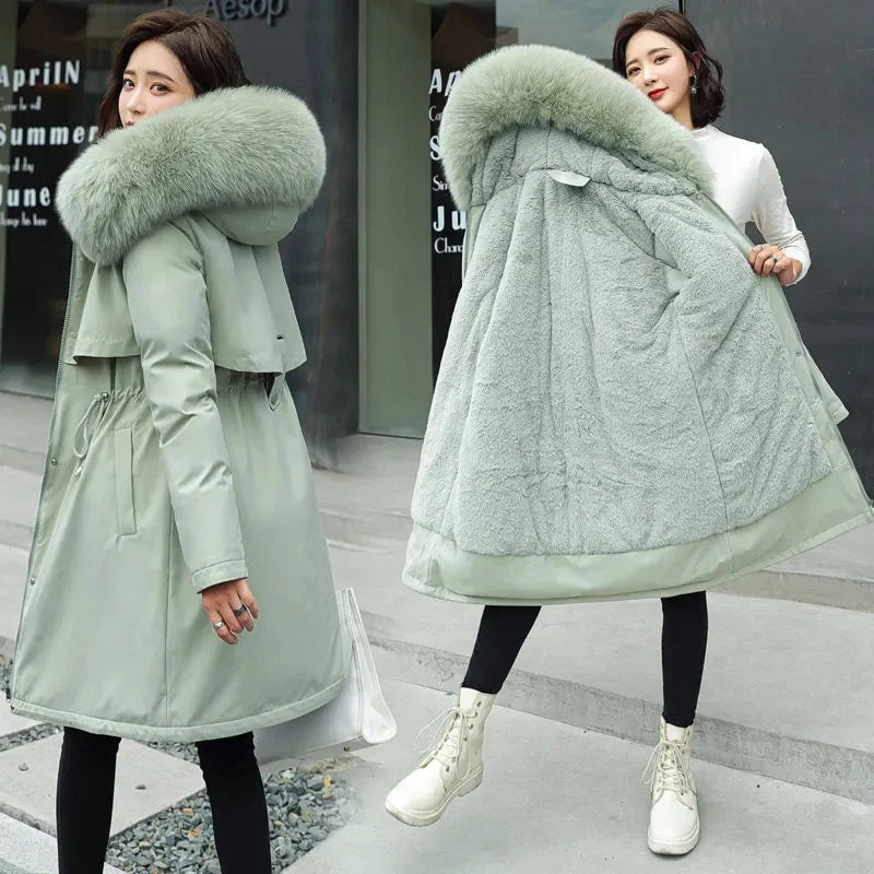 Women Parka Winter Jacket Clothes Loose Long Coat Wool Liner Hooded Jacket Fur Collar Warm Thick Snow Wear Woman Padded Parka