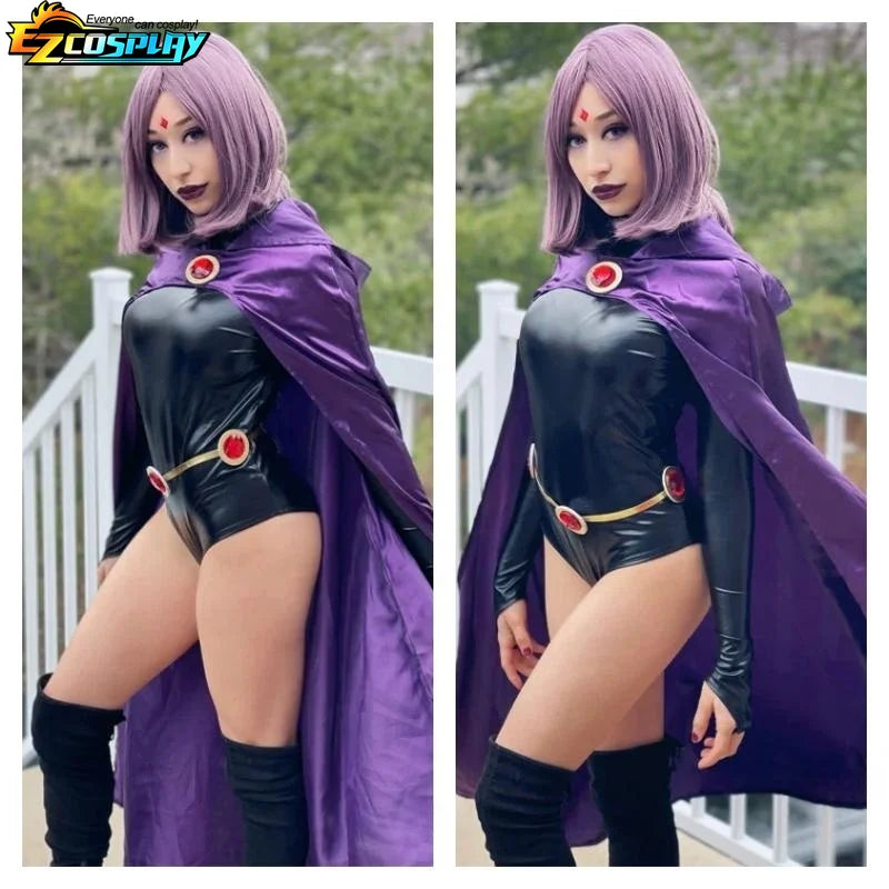 Teen Titans Raven Cosplay Costume Deluxe Jumpsuit Cloak Belt Suit Halloween Uniform for Women XS-3XL