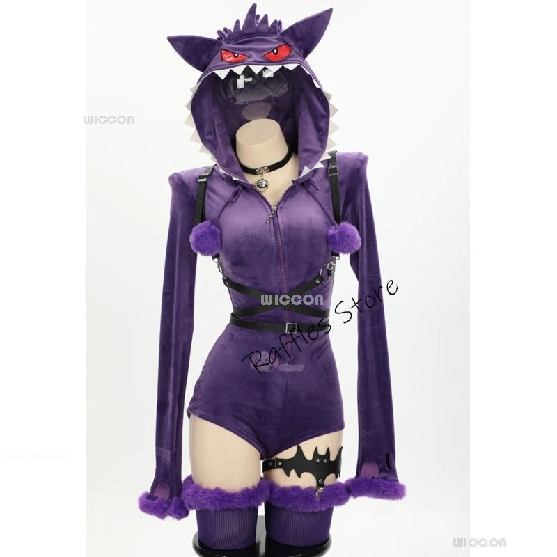 Women Genga Ectoplasma Purple Poison Ghost Cosplay Costume Halloween Sexy Romper Cute Bodysuit Hooded Tail Anime Doujin Suit