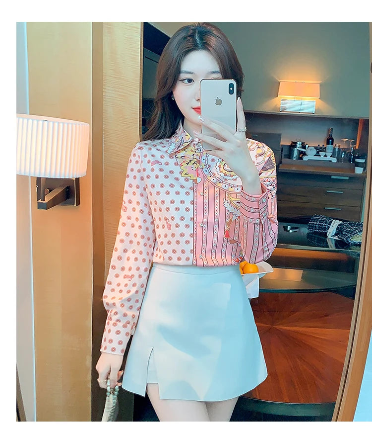 Korean Style Office Lady Polo Neck Tops Casual Streetwear