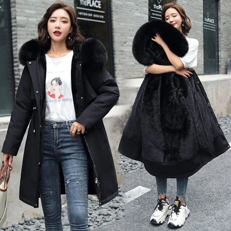 Women Parka Winter Jacket Clothes Loose Long Coat Wool Liner Hooded Jacket Fur Collar Warm Thick Snow Wear Woman Padded Parka