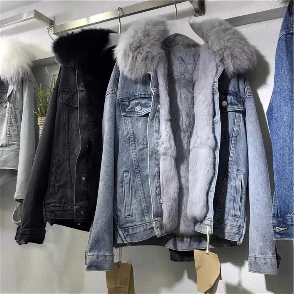 With Fur Snow Wear Oversized Jean Jacket Women