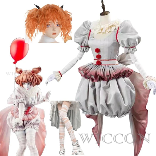 Movie Clown Pennywise Cosplay Costume Genderswap Halloween Horror Lolita Dress Up Women Fantasy Dress Carnival Party Full Set