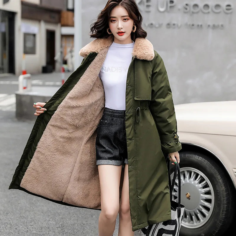 Thick Lamb Wool Down Jacket Women Winter Fur Collar Long Parka Coat