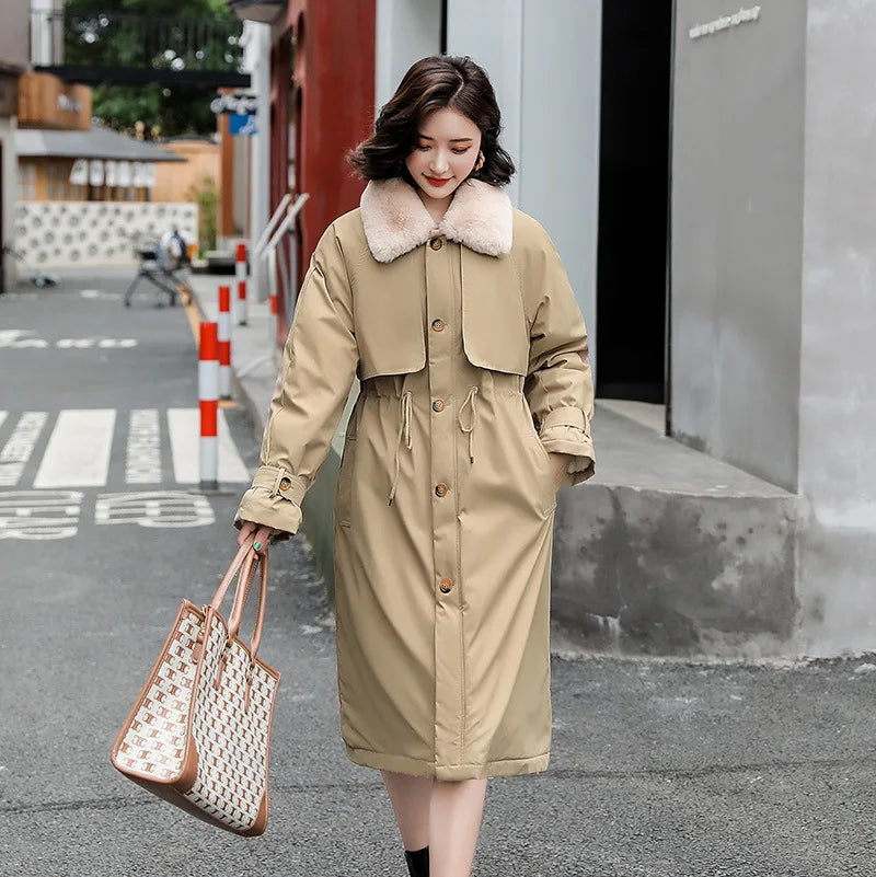 Thick Lamb Wool Down Jacket Women Winter Fur Collar Long Parka Coat