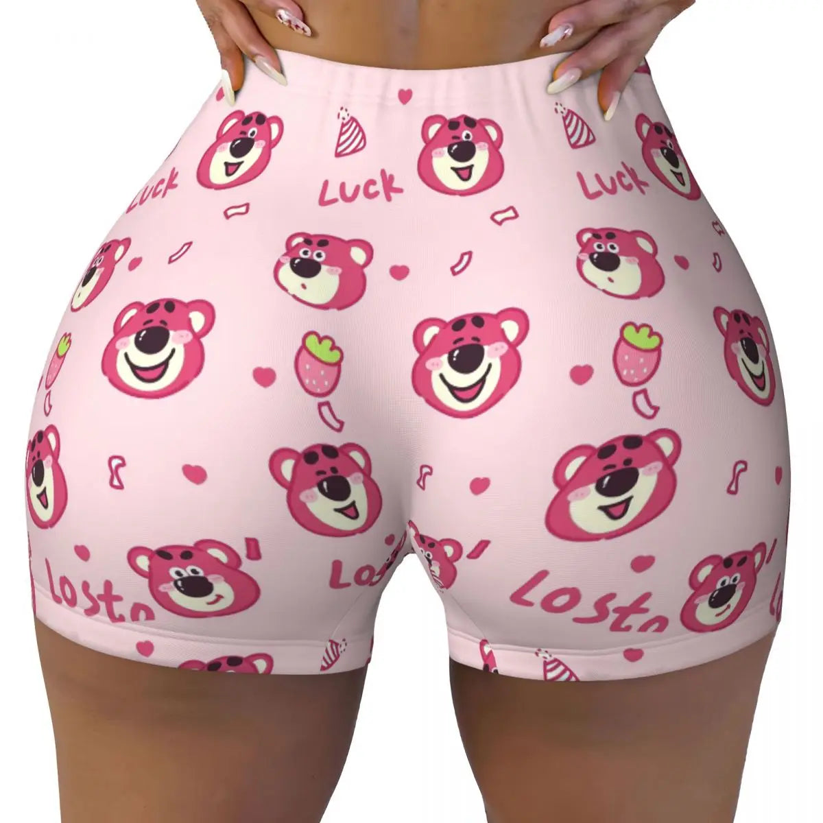 Custom Lotso Huggin-Strawberry Bear Cute Anime Cartoon Workout Shorts Women Gym Volleyball Running Yoga Shorts