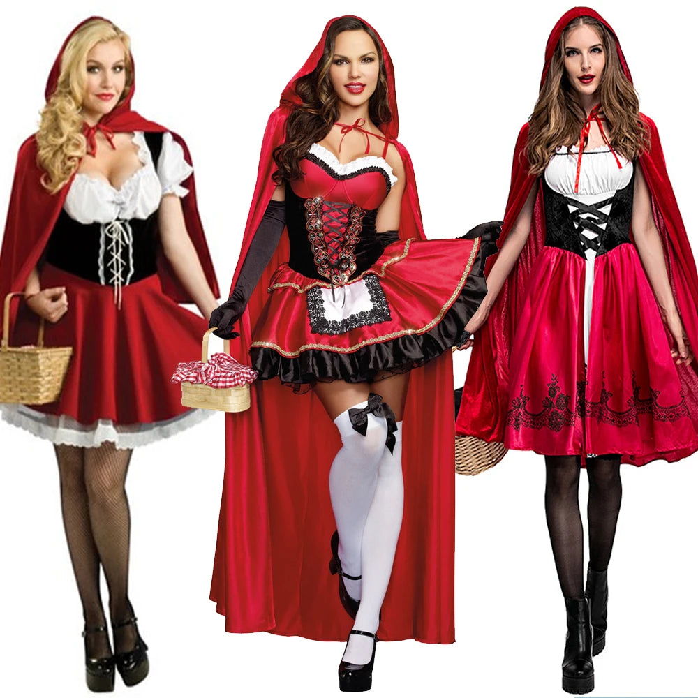 Little Red Riding Hood Outfit Costume Adult Women Halloween Cosplay Fancy Dress Hen Party Dress Cape Set Outfit