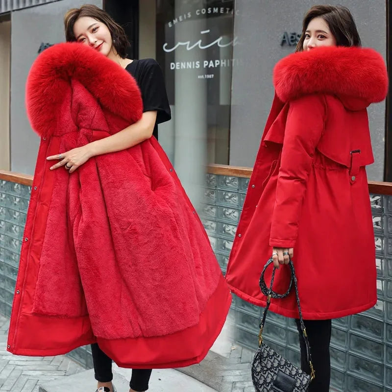 Women Parka Winter Jacket Clothes Loose Long Coat Wool Liner Hooded Jacket Fur Collar Warm Thick Snow Wear Woman Padded Parka