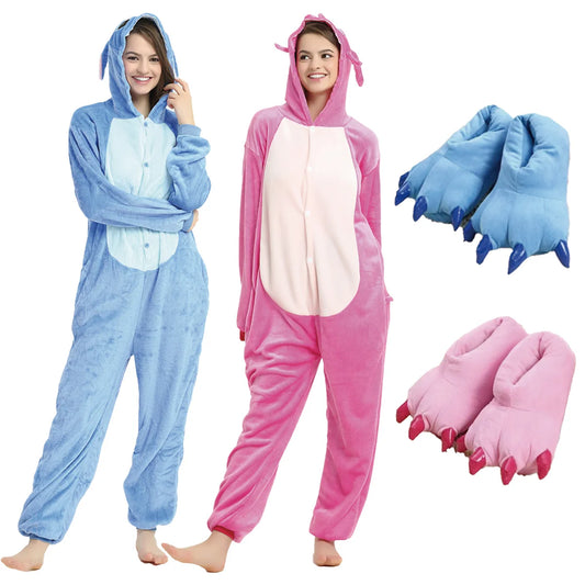 Adults Stich Onesie Pajamas Anime Stitch Angel Cute Costume Jumpsuit Onesies Hooded Sleepwear Halloween Cosplay for Men Women