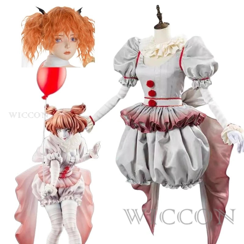 Movie Clown Pennywise Cosplay Costume Genderswap Halloween Horror Lolita Dress Up Women Fantasy Dress Carnival Party Full Set