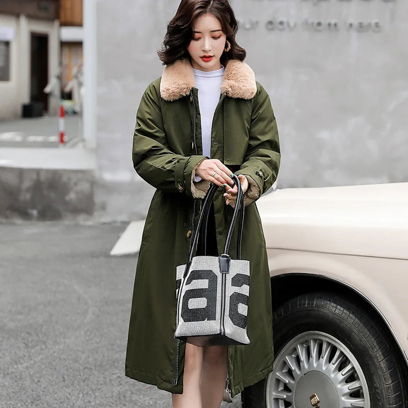 Thick Lamb Wool Down Jacket Women Winter Fur Collar Long Parka Coat