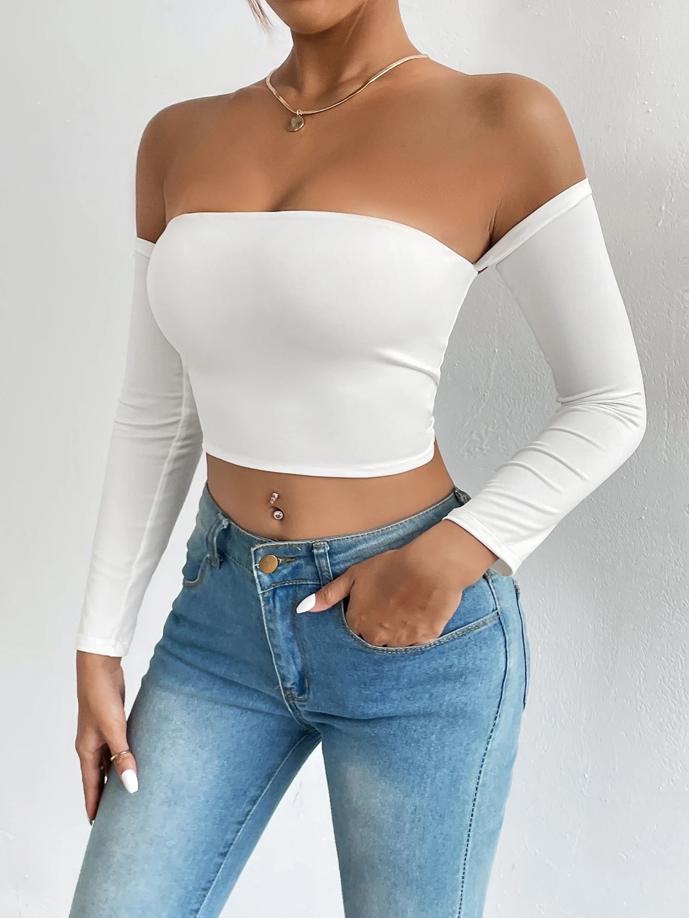 Off Shoulder Crop T-Shirt, Casual Long Sleeve