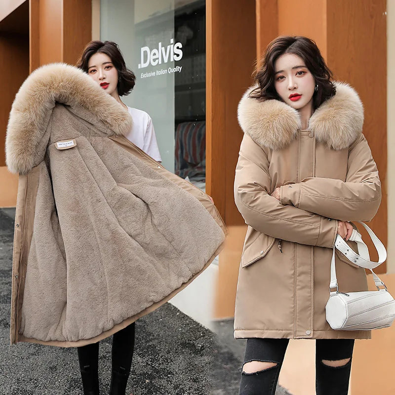 Women Parka Fashion Long Coat Wool Liner Hooded