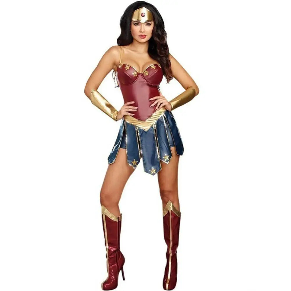 Women Halloween Superhero Cosplay Wonder Costume PU Leather Bodysuit Outfit Superhero Fancy Dress