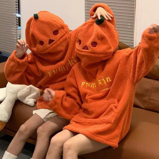 Halloween Party Pumpkin Head Lamb Fleece Hoodie Women Men Unisex Hooded Sweatshirt Embroidery Thicken Streetwear