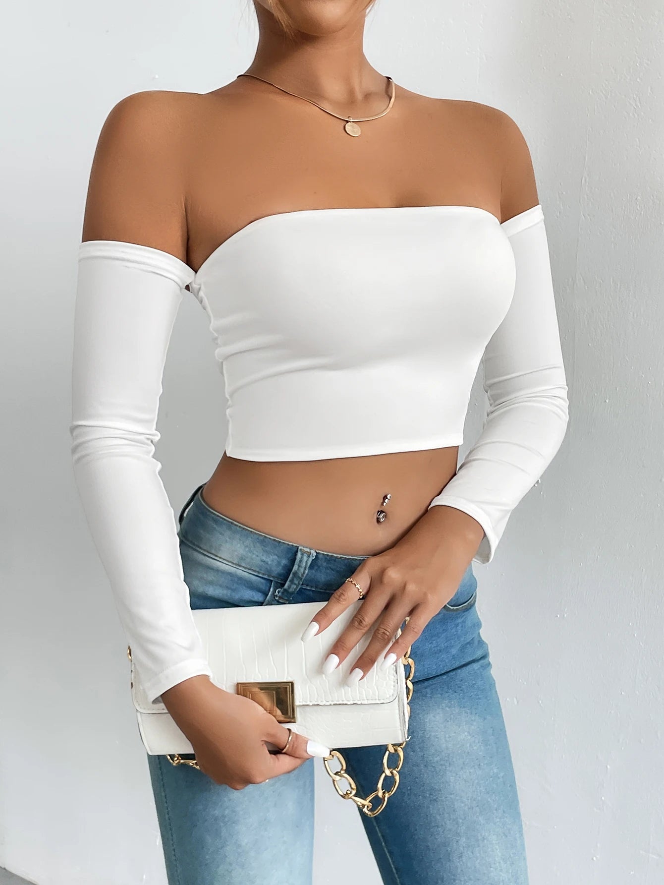 Off Shoulder Crop T-Shirt, Casual Long Sleeve