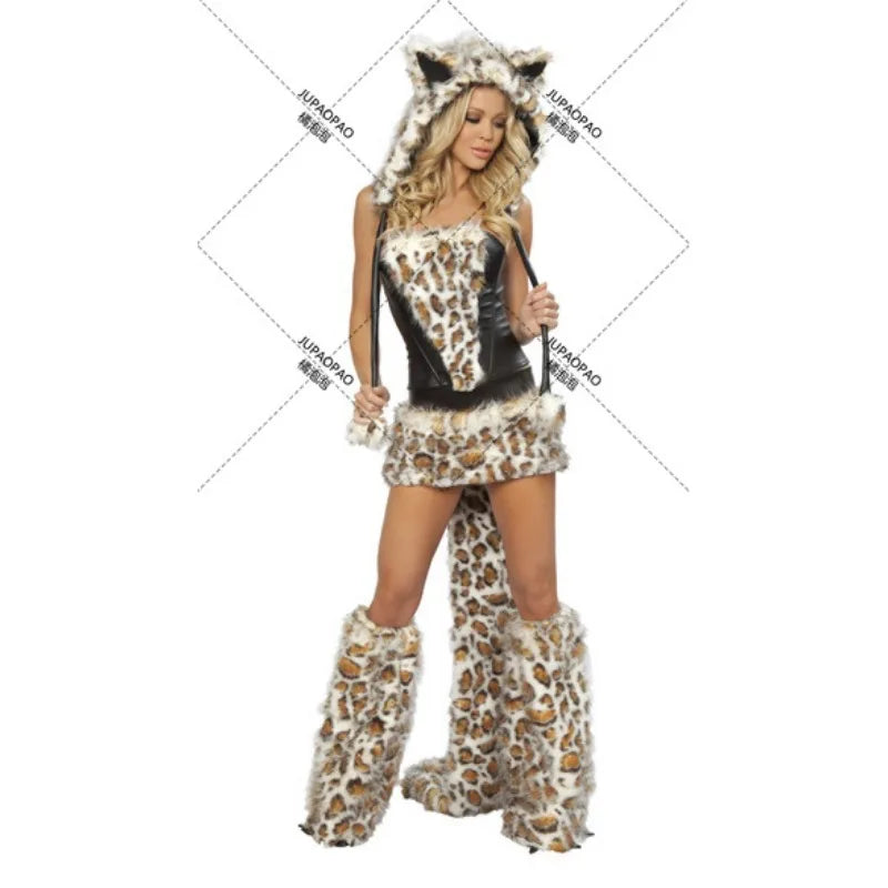 Cosplay Halloween party attire leopard print with big tail wolf game suit cat girl role-playing European and American uniform