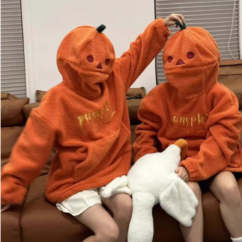 Halloween Party Pumpkin Head Lamb Fleece Hoodie Women Men Unisex Hooded Sweatshirt Embroidery Thicken Streetwear