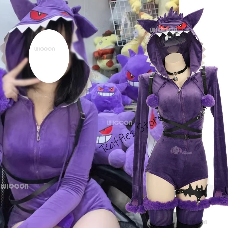 Women Genga Ectoplasma Purple Poison Ghost Cosplay Costume Halloween Sexy Romper Cute Bodysuit Hooded Tail Anime Doujin Suit