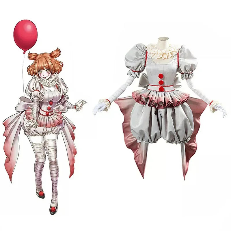 Movie clown Pennywise cosplay costume Halloween girls outfit horror lolita dress up women fantasy dress Carnival Party full set