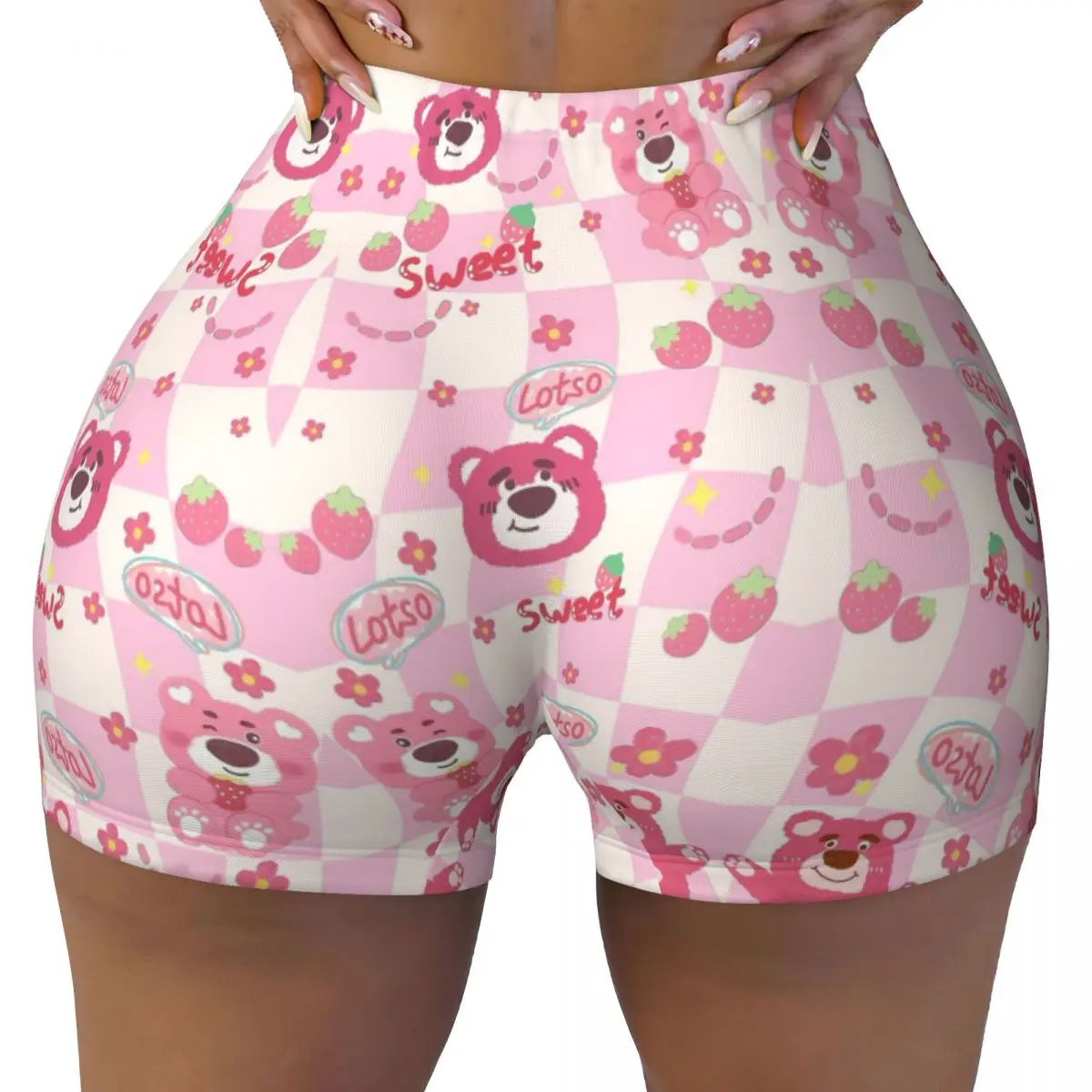 Custom Lotso Huggin-Strawberry Bear Cute Anime Cartoon Workout Shorts Women Gym Volleyball Running Yoga Shorts